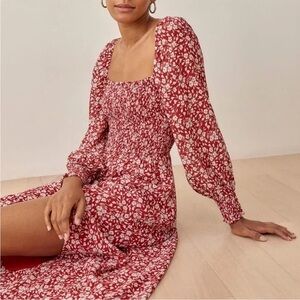 Reformation Cello Red & White Floral Midi Dress Size S